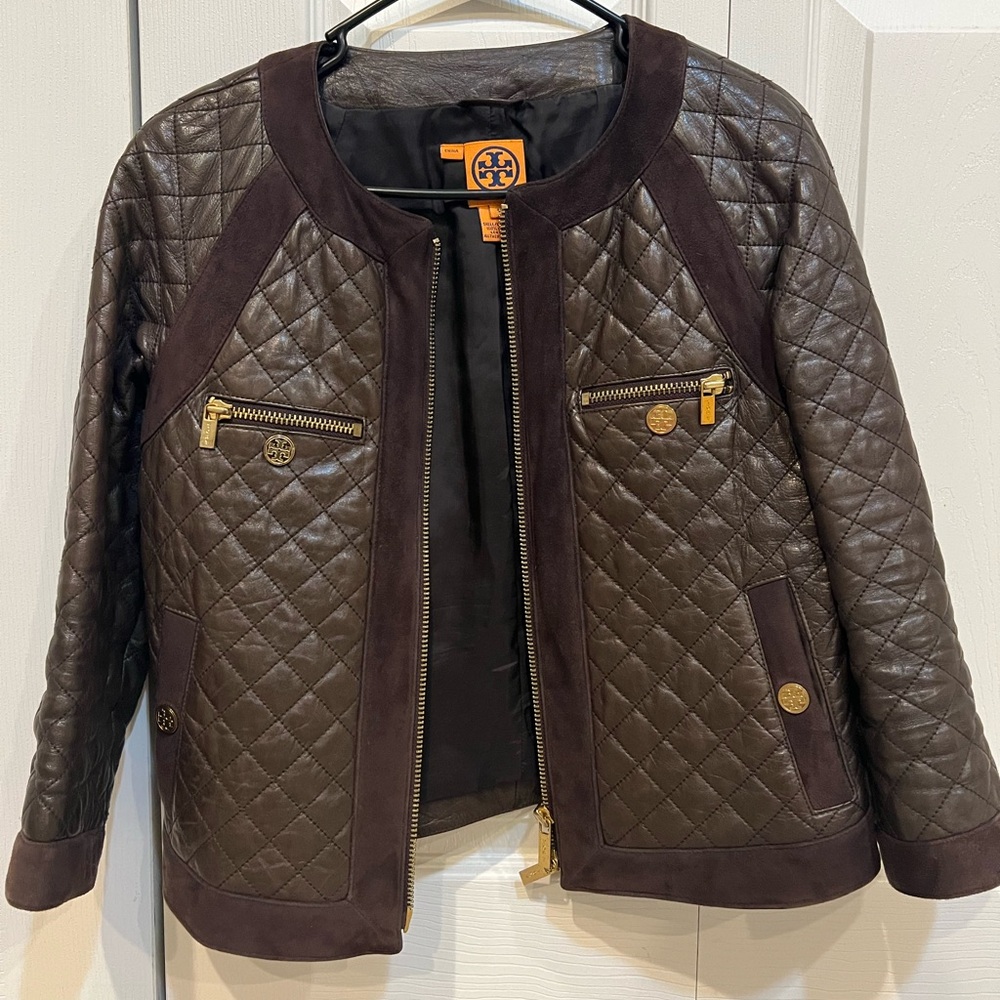 Tory Burch Dark Brown Quilted Leather Jacket with Gold Hardware